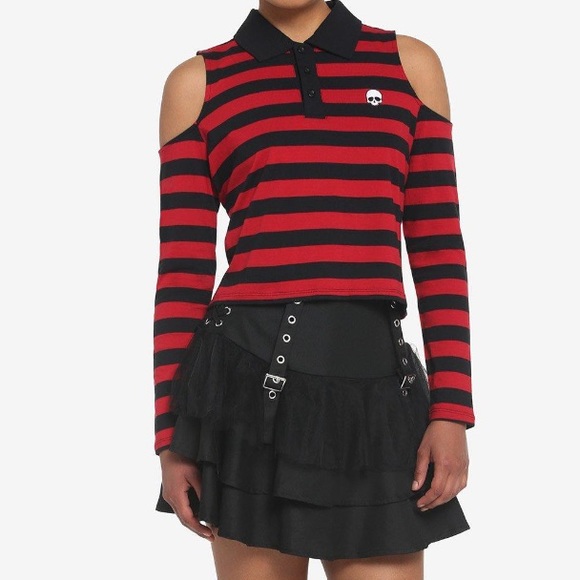 Hot Topic Tops - Black‎ & Red Stripe Cold Shoulder Long Sleeve Polo Shirt Hot Topic